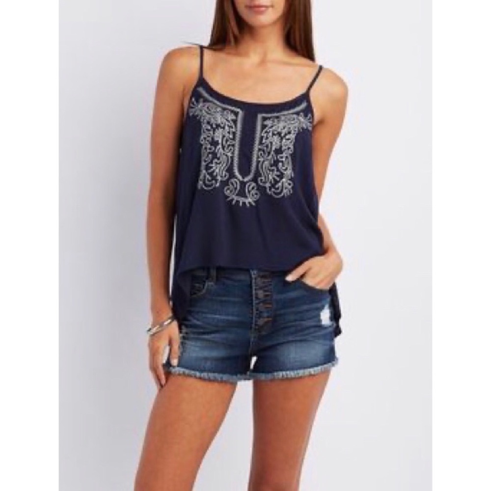 Charlotte Russe Embroidered Sharkbite Hem Tank Top (M)